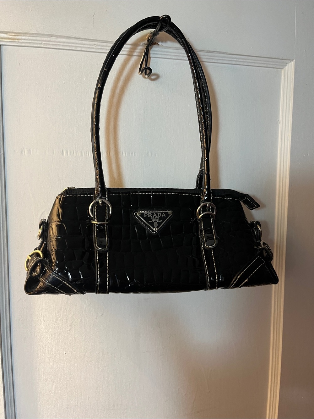 Prada Black Patent Croc-Embossed Shoulder Bag with Double Straps